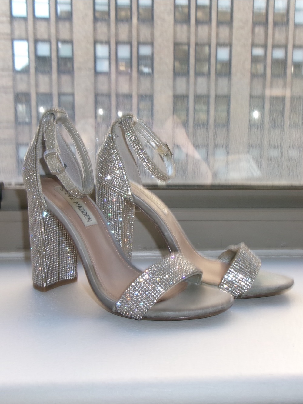 Steve Madden Silver Rhinestone Block Heel Sandals